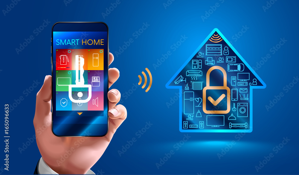 Poster man using smart phone controls smart home devices through a wireless connection. Secure smart home. control of smart home systems is available only from authorized users mobile phone. VECTOR