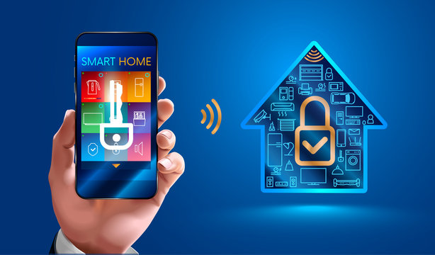 man using smart phone controls smart home devices through a wireless connection. Secure smart home. control of smart home systems is available only from authorized users mobile phone. VECTOR