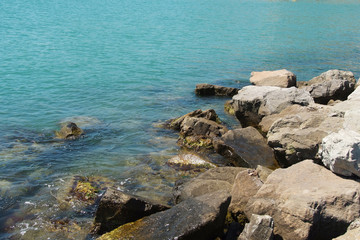 Fototapeta na wymiar Rocky seashore in Bulgaria sea fashion pond great stones