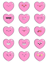 Set of icons with different emotions heart. Collection of emoticons for site, info graphics, video, animation, websites, mails, newsletters, reports, comics. Doodle illustration. Hand drawn heart