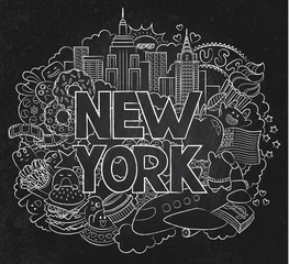 Vector doodle illustration showing Architecture and Culture of New York. Abstract background chalkboard with hand drawn text New York. Template for advertising, postcards, banner, web design