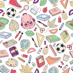 Seamless background, pattern, wallpaper, texture. Template for flyer, advertisement, banner. Vector Doodle Icons Collection. School supplies. Back to school, first day of study.