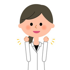 白衣の女性　ガッツポーズ