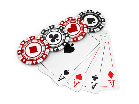 3d illustration, Black and red Casino Chips and play card.