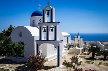 Greek Church on Santorini island, Greece. Small white and blue church in Cyclades