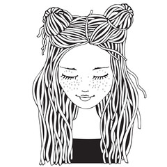Cute girl. Coloring book page for adult and children. Black and white. Doodle style.
