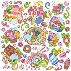 Doodle hand drawn vector illustration, abstract background, texture, pattern, wallpaper, backdrop. Collection of color, bright sweets, desserts, pastries, ice cream, candy elements set. Patch, badge