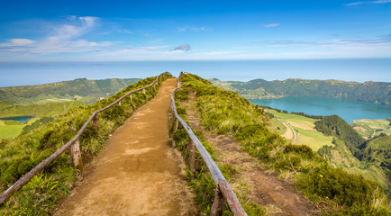 Fototapeta na wymiar Walking path to a view on the lakes of Sete Cidades, Azores, Portugal