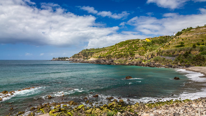 View on Atlantic Ocean coast near Ponta Delgada city on Sao Miguel island, Azores, Portugal