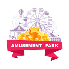 Naklejka premium Amusement park banner with different carousels, swings and ferris wheel