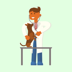 Young male veterinarian examining a dog by stethoscope in vet clinic. Vector flat design illustration isolated.