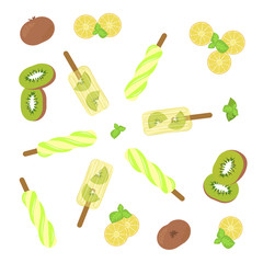 Homemade popsicles with kiwi, mint and lemon on white background. Top view vector illustration eps 10