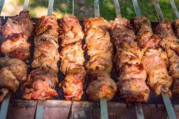 Sven shashlik closeup mashed slices of meat put on metal skewers roasted on charcoal grill with charcoal on otlichie