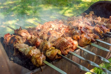 Sven shashlik closeup mashed slices of meat put on metal skewers roasted on charcoal grill with charcoal on otlichie