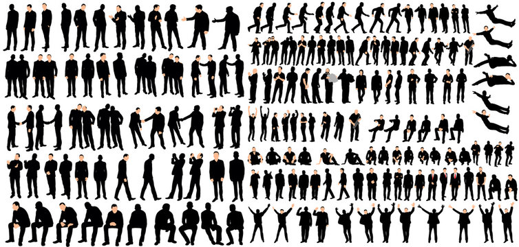 Vector, isolated, men business silhouettes, go and stand, collection