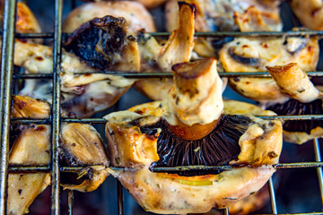 Background texture bright contrasting blurry mushrooms close-up grilling on grill on coals