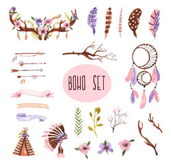 Boho style. Watercolor illustration on white isolated background. Horns and flowers, feathers, arrows, plants, branches of trees, dream catcher, wigwam © scarlet_heath