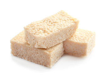 Rice crispy treats on white background
