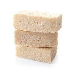 Rice crispy treats on white background