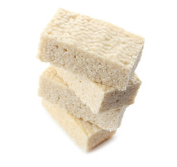 Rice crispy treats on white background
