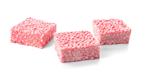 Rice crispy treats on white background