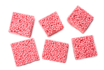 Rice crispy treats on white background
