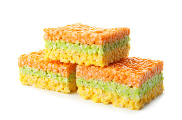 Rice crispy treats on white background