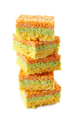 Rice crispy treats on white background