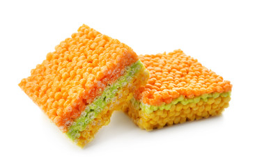 Rice crispy treats on white background