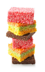 Rice crispy treats on white background