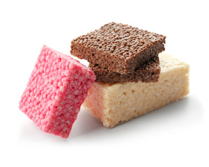 Rice crispy treats on white background