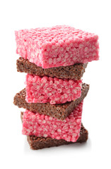 Rice crispy treats on white background