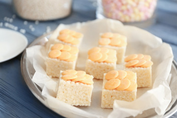 Rice crispy treats on metal tray