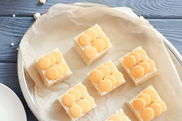 Rice crispy treats on metal tray