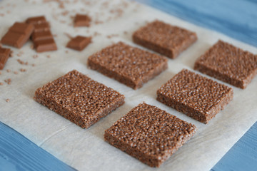 Rice crispy treats on parchment paper