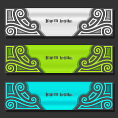 Vector set of Banner templates: 3 vintage headers with monogram on white background, three green decorative banners with ornate design for business text, layouts banners vivid blue wedding invitation.
