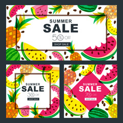 Summer sale vector banners set with fresh red and yellow watermelon and pineapples.