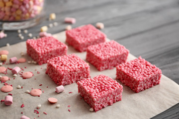 Rice crispy treats on parchment paper