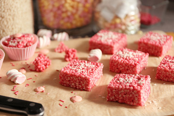 Rice crispy treats on parchment paper