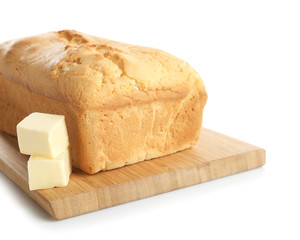 Delicious butter cake on white background