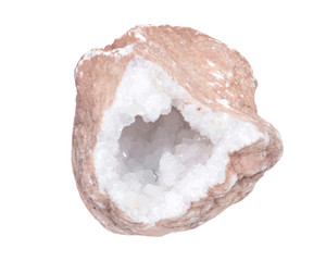 Clear crystal quartz geode with crystalline druzy center isolated on white background