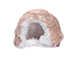 Clear crystal quartz geode with crystalline druzy center isolated on white background