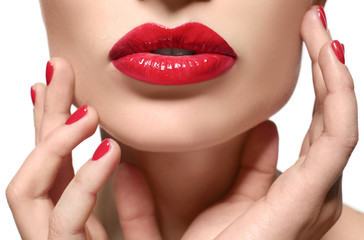 Fototapeta premium Beautiful young woman with bright lips on white background, closeup