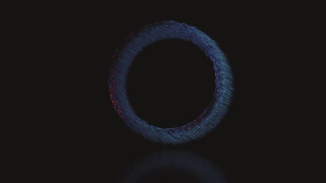 Abstract animation a circle covered in colorful hair that's blowing in the wind.