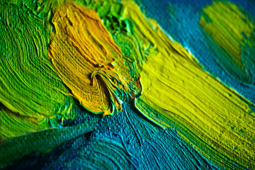 Colorful oil paints strokes on canvas. Beautiful pallette for prints, scrapbooking, design, templates, interior decoration, posters, wallpapers. Yellow, blue, green colors. Handmade.