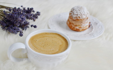 Cup of Coffee Cake Table White Background Lavender Flowers
