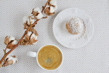 Cup of Coffee with Cake Table White Background Cotton Flower Top View