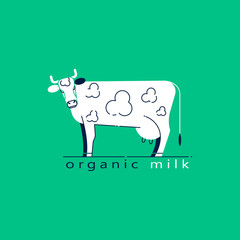 Organic milk template logo. Line style. Isolated image of a cow on a green background.