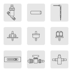 Equipment for the drip irrigation system. Filter, tap, tube, tape, fitting, dropper. Modern linear style. Vector illustration.