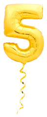Golden number 5 five made of inflatable balloon with golden ribbon isolated on white background